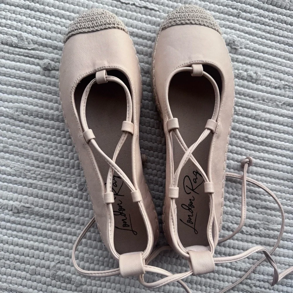 London Rag Lace Up Espadrille Platform Ballet Flats Beige Leather 9.5